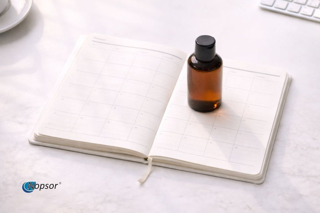 Brown glass bottle on an open notebook with a white background