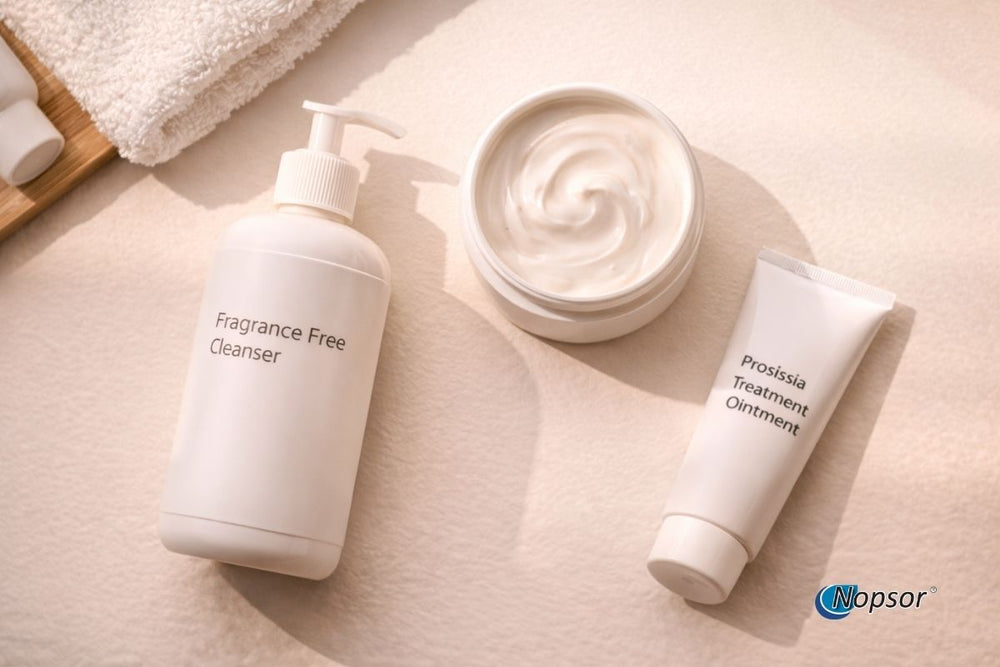 Skincare products including a bottle, jar, and tube on a beige surface with 'Nopsor' branding.