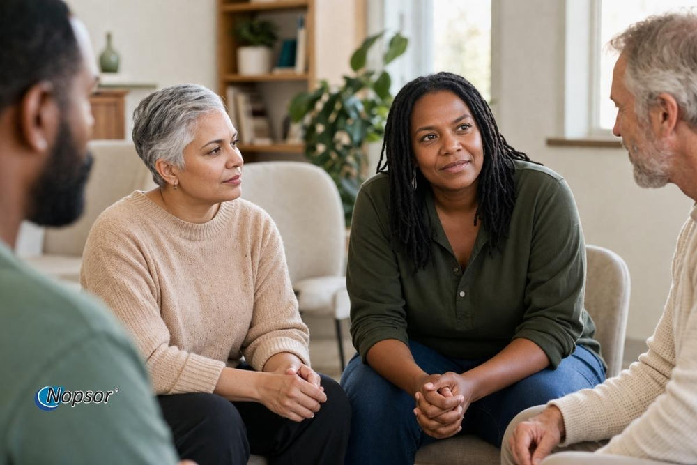 Group of people sitting together with text overlay about building a psoriasis support system, featuring the Nopsor brand.