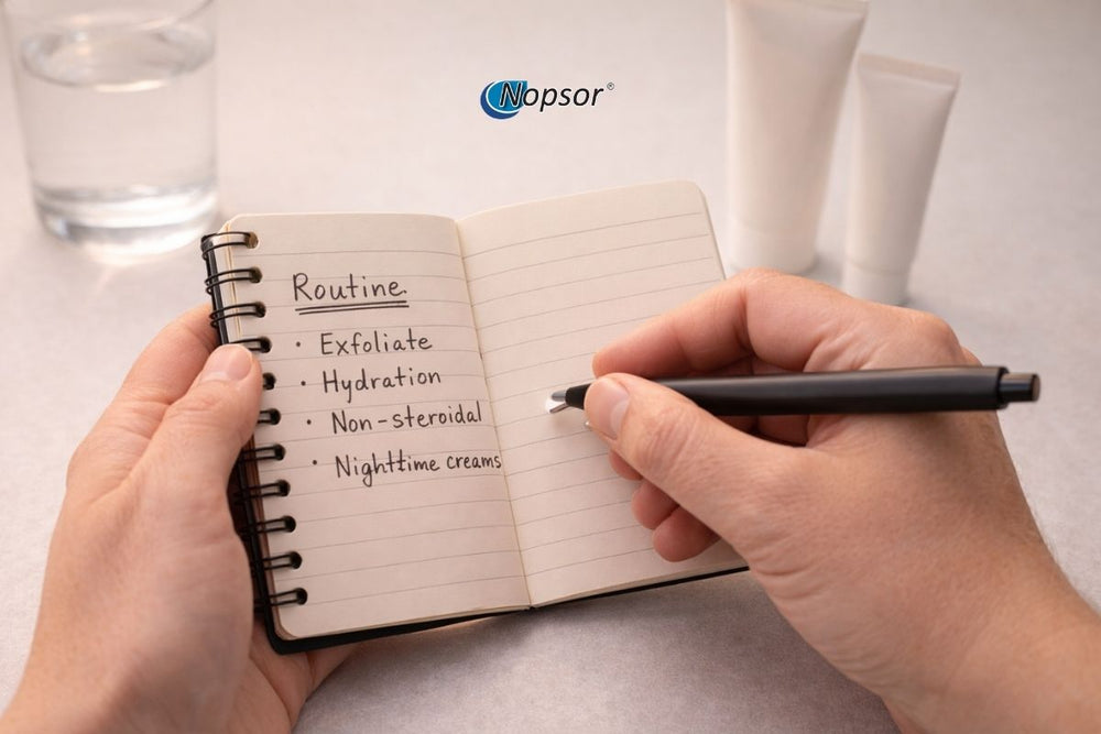 Person writing a skincare routine in a notebook with a pen, on a light surface.