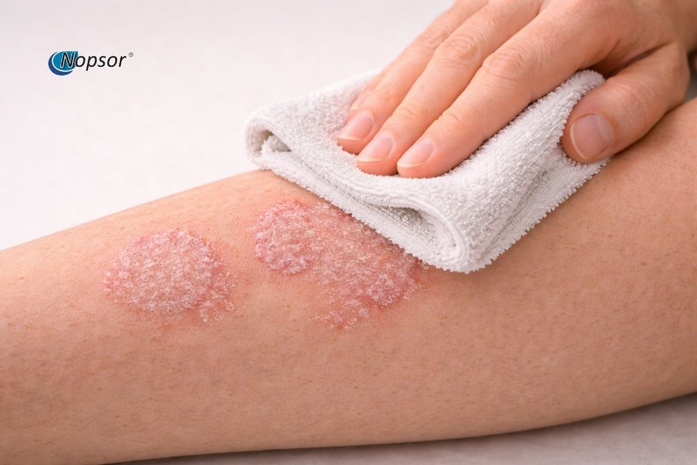 Person cleaning a skin condition on their leg with a towel, with 'Nopsor' brand visible.