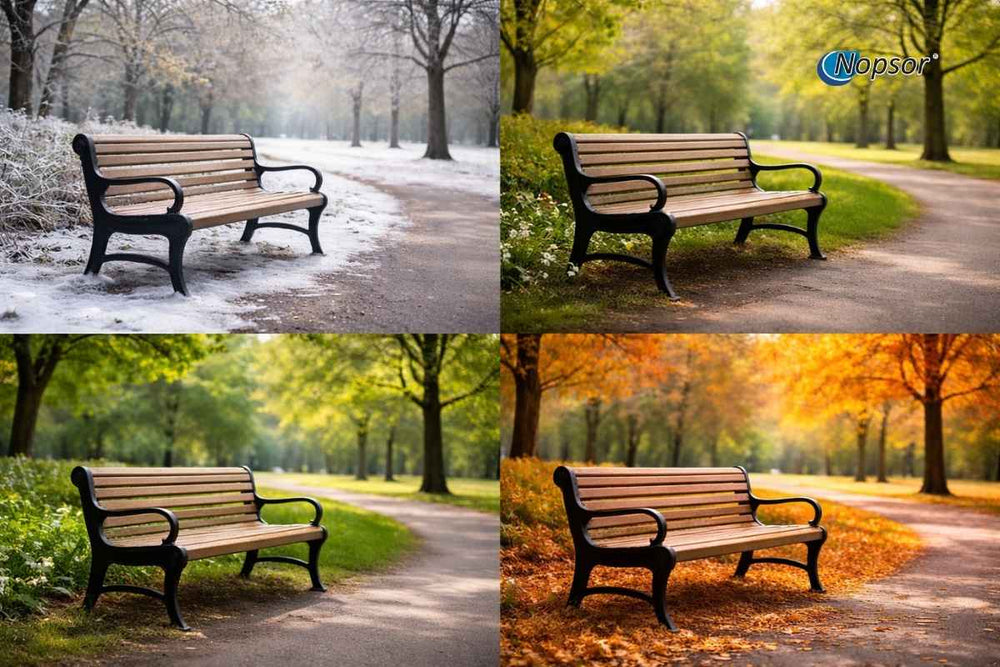 Collage of a wooden bench in different seasons with 'Nopsor' branding.
