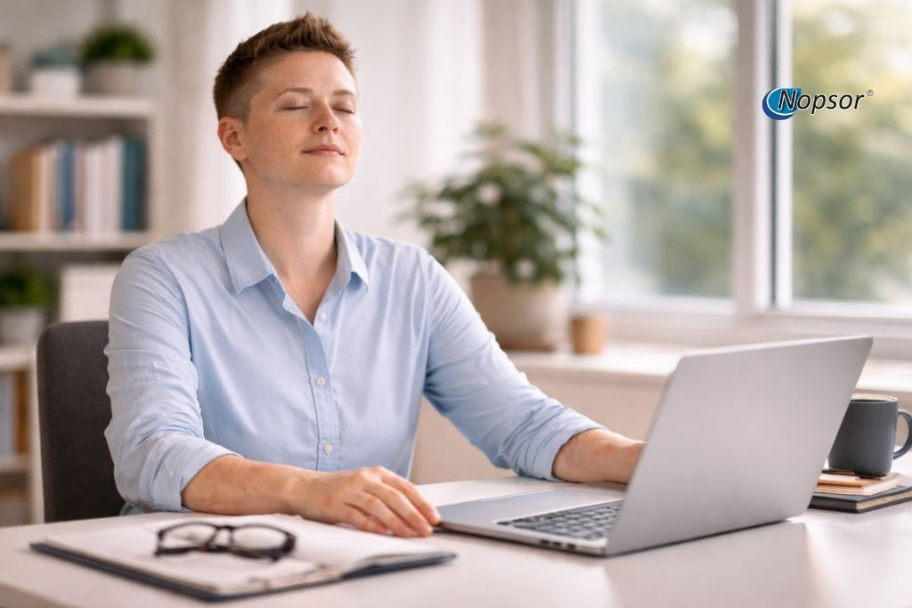 Person sitting at a desk with a laptop, eyes closed, in a bright room.