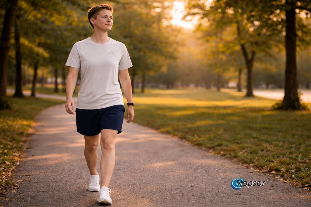 Person walking on a path in a park with trees and sunlight