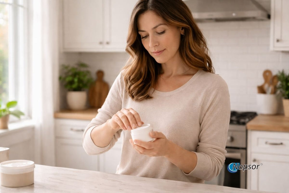 Woman in a kitchen preparing food, with 'Nopsor' logo visible.