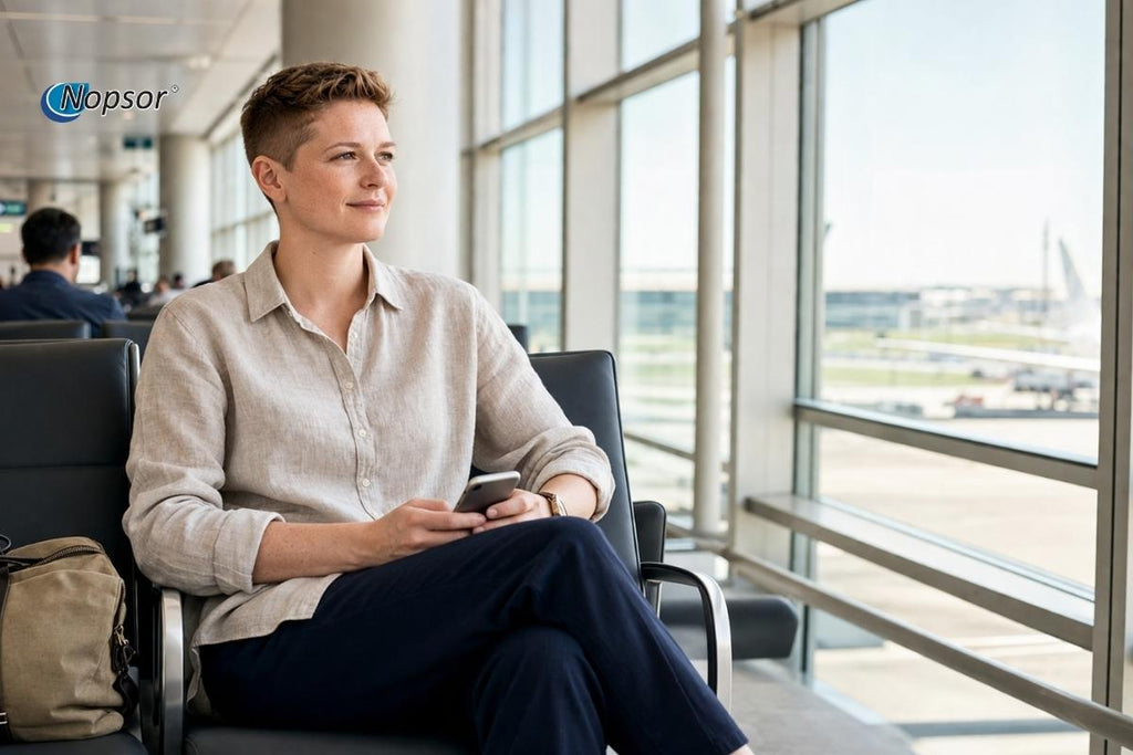 Woman sitting in an airport terminal with large windows showing an airport exterior.