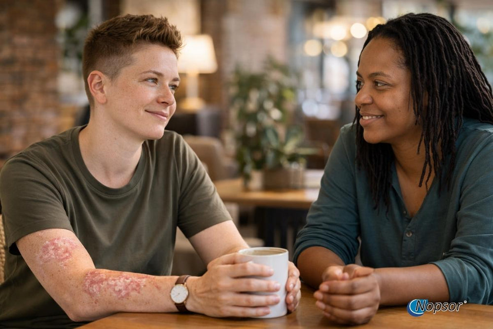Two people sitting at a table in a cozy indoor setting, holding hands.