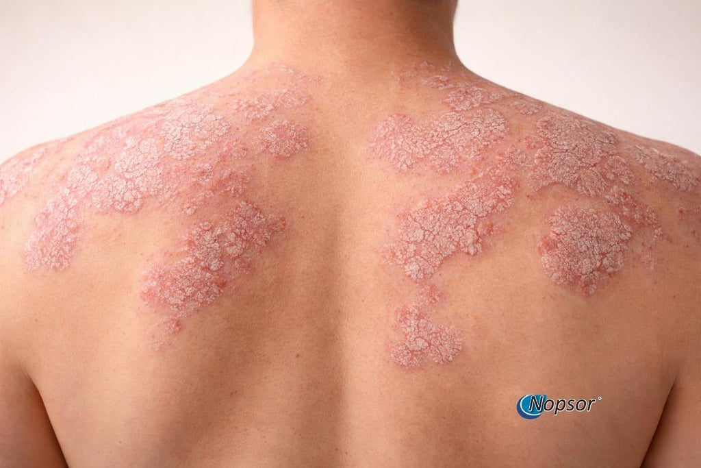 Back with psoriasis showing red, scaly patches on a white background