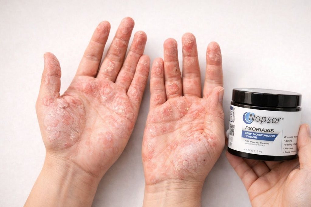 Hands with psoriasis holding a jar of Nopsor Psoriasis cream.