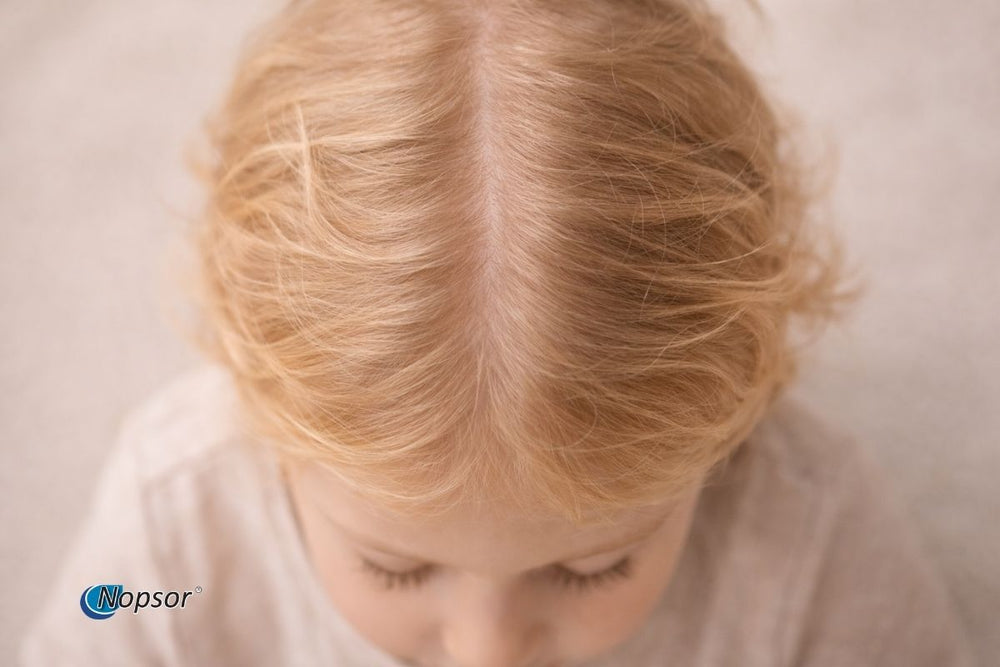 Close-up of a child with blonde hair on a plain background