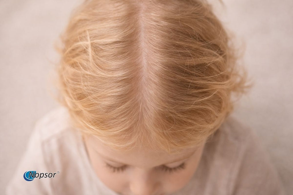 Close-up of a child with blonde hair on a plain background