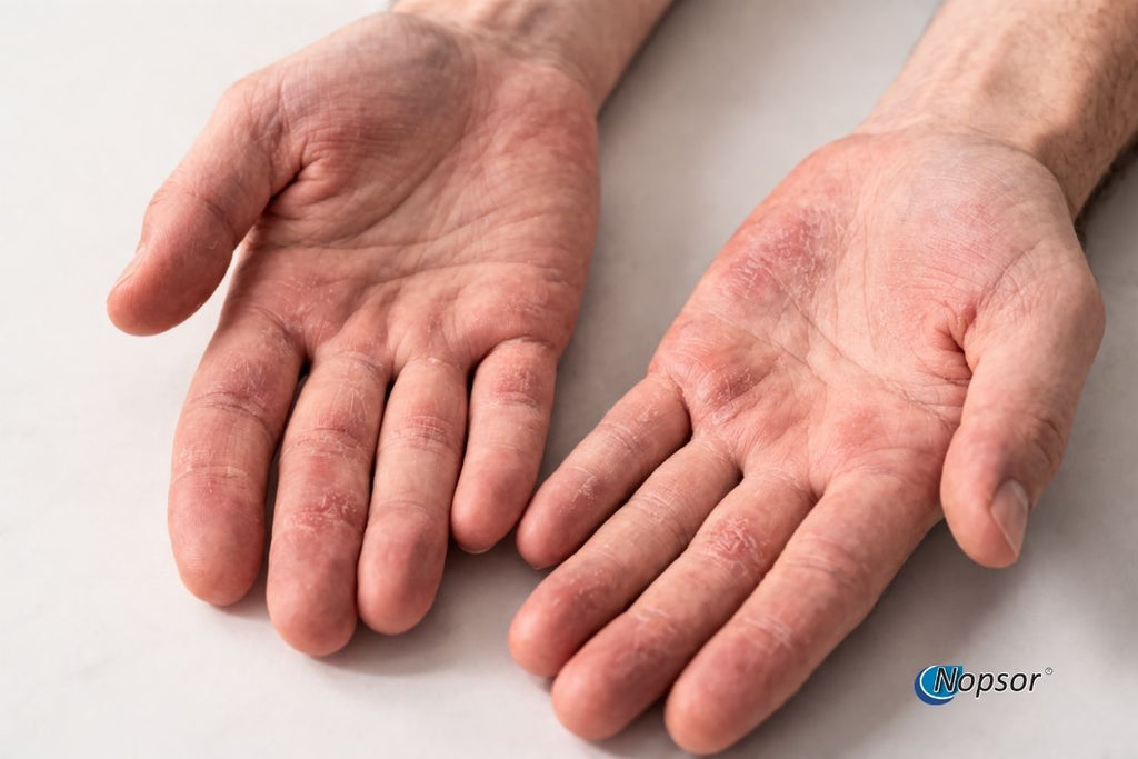 Two hands with visible signs of aging on a white background, featuring the Nopsorlogo.