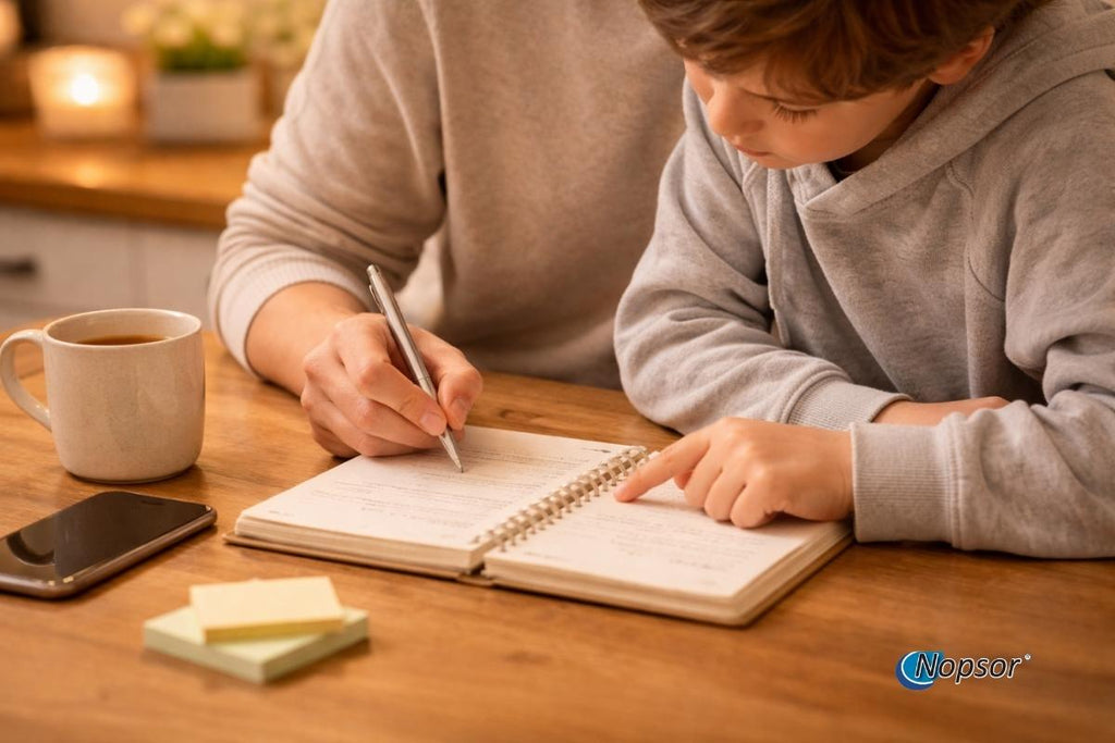 Children with parent looking at a notebook