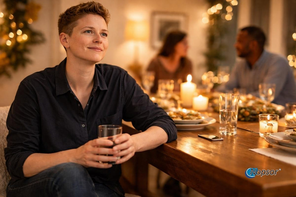 Woman sitting at a dinner table holding a glass, with a warm and cozy atmosphere.
