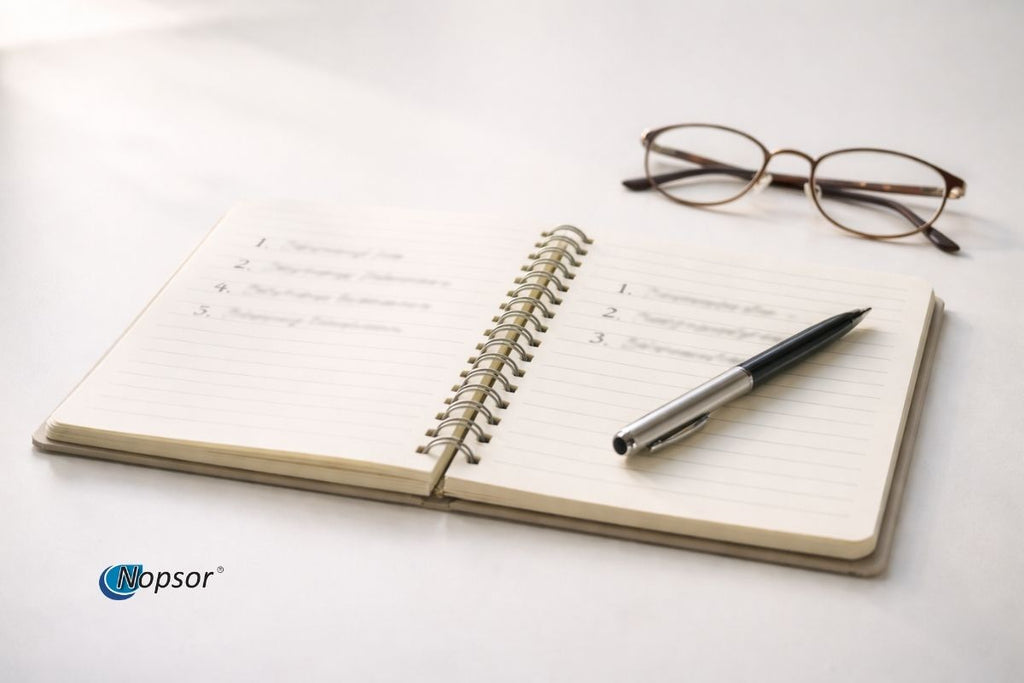 Open notebook with pen and glasses on a white surface, Nopsor logo visible