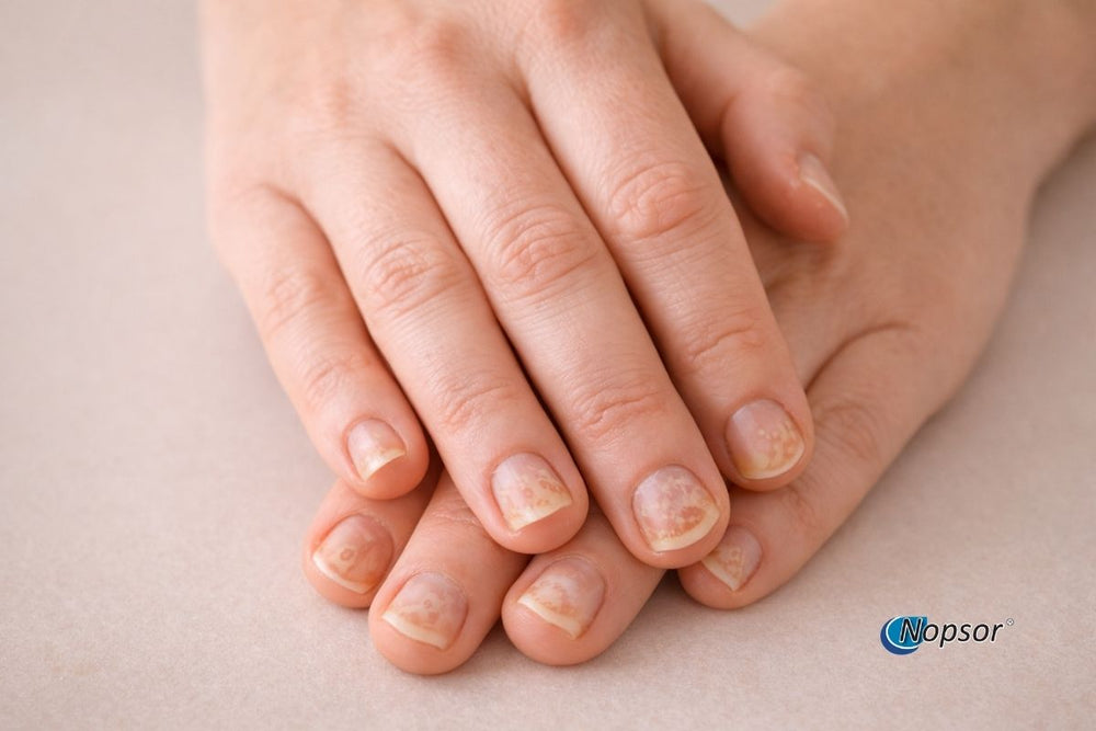 Close-up of a person's hands with nails on a neutral background, featuring the Nopsor logo.
