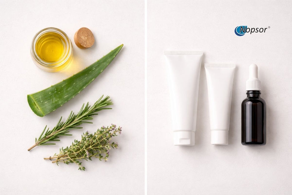 Two images side by side; one with aloe vera and herbs, the other with skincare products and a bottle.