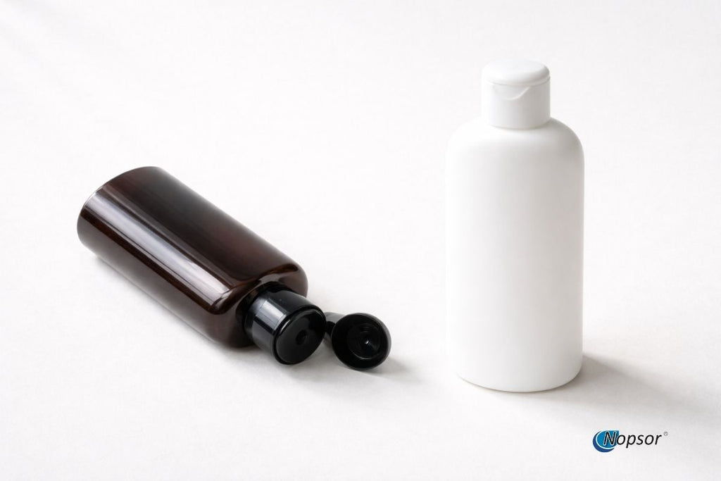 Two bottles, one brown and one white, on a light gray background with 'Nopsor' branding.