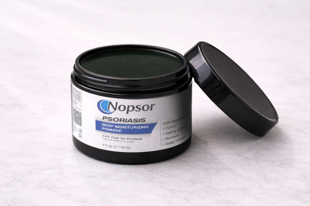 Psoriasis treatment product jar with open lid on a white background