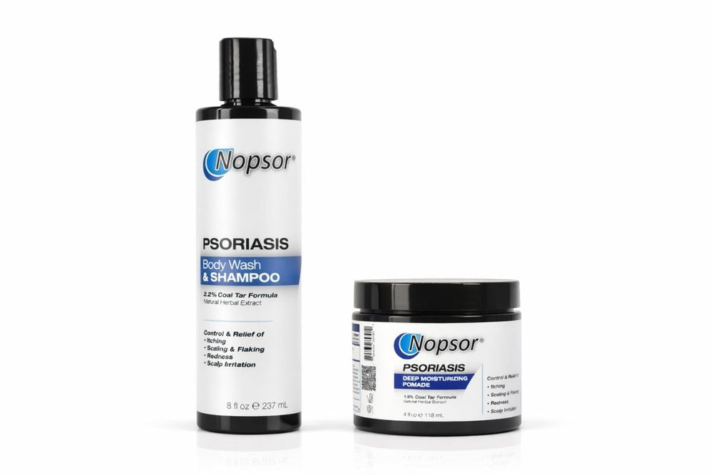 Nopsor Psoriasis Body Wash & Shampoo and Cream on a white background