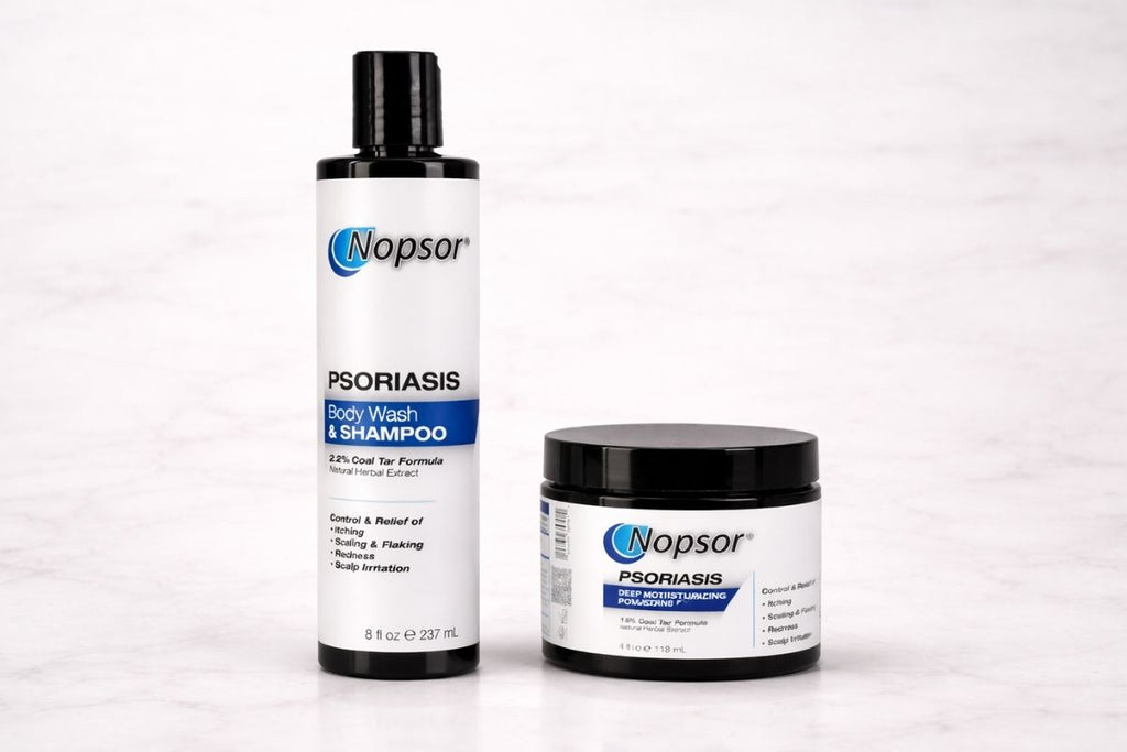 Nopsor psoriasis treatment products on a white background
