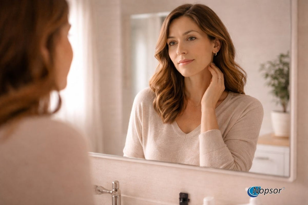 Woman looking at herself in the mirror in a bathroom setting