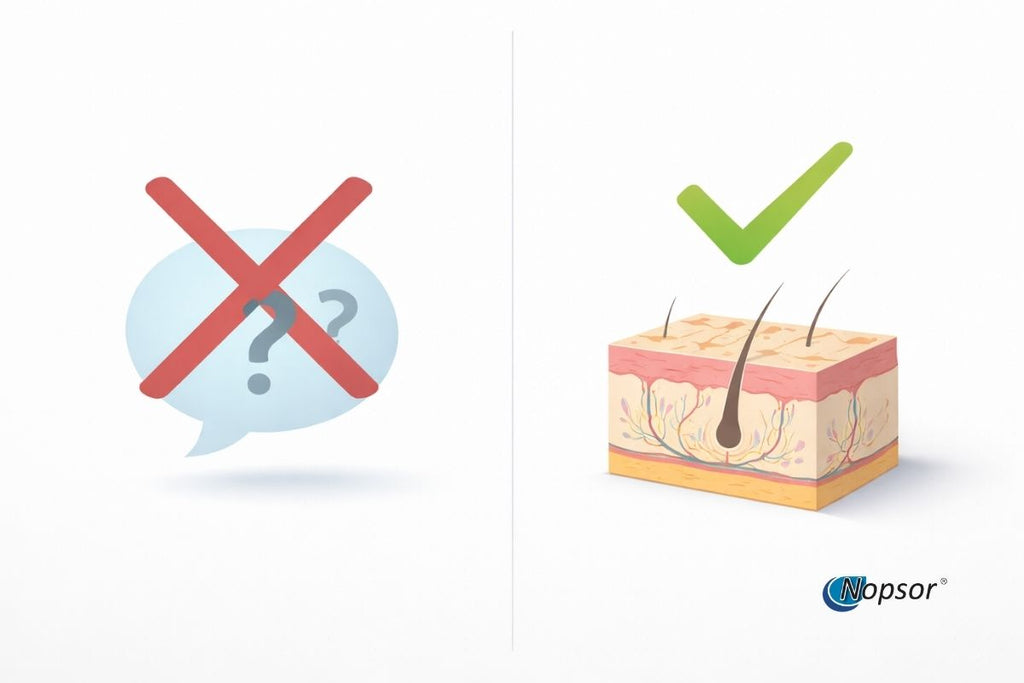 Illustration showing a cross-out symbol with a question mark and a green check mark next to a diagram of healthy skin with hair follicles.