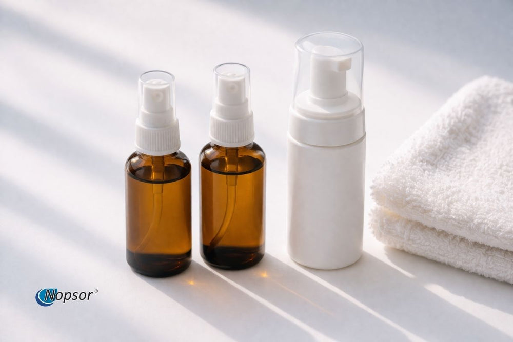 Three spray bottles on a light surface with a white towel in the background.
