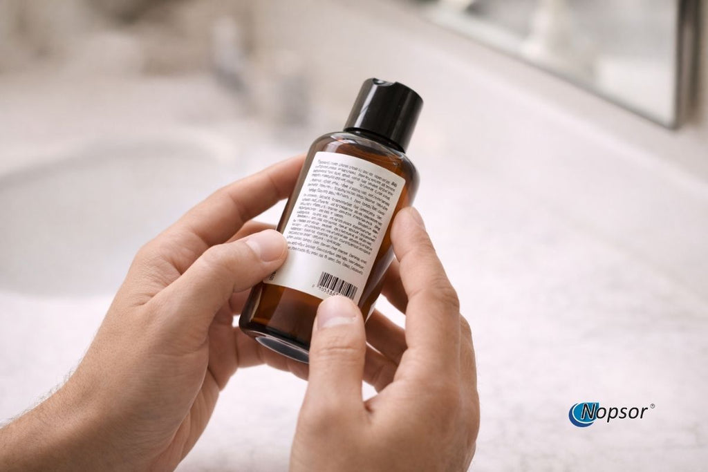 Person holding a bottle of skincare product with a blurred background