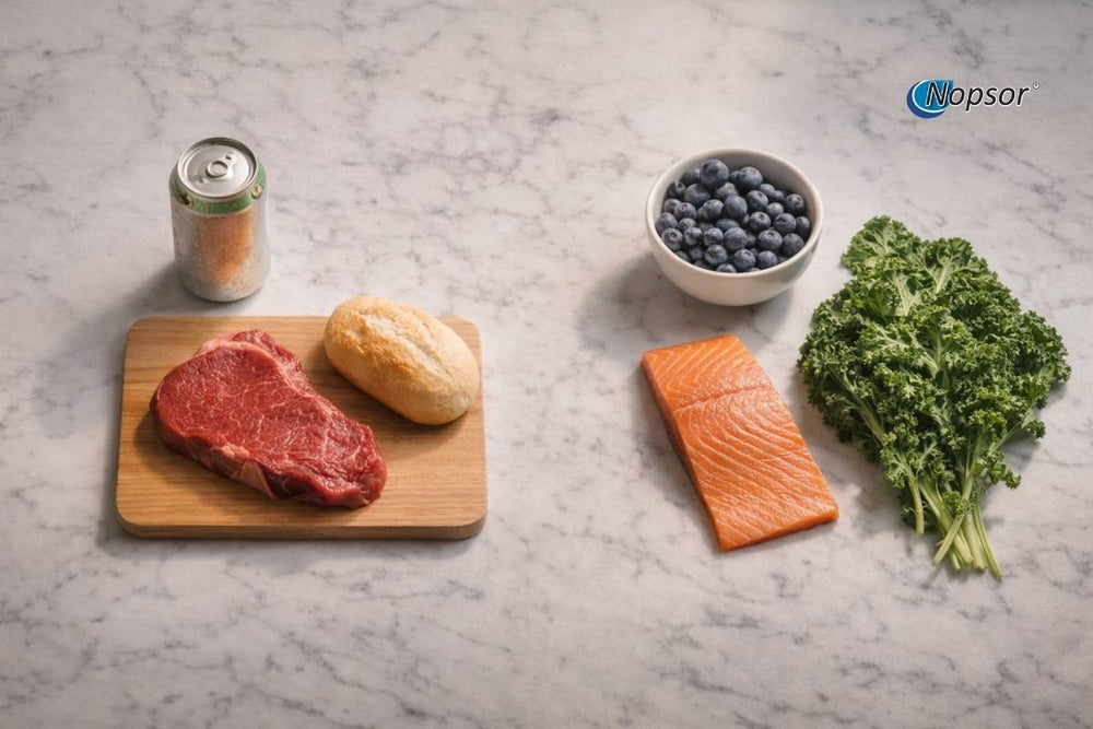 Raw steak, salmon, bread, and blueberries on a marble surface with Nopsor branding.