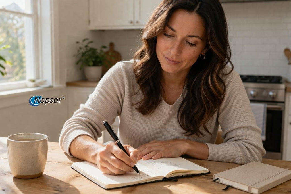 Woman writing in a notebook at a kitchen table with 'Nopsor' logo.