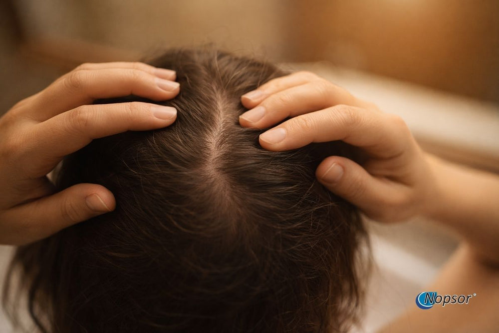 Person examining their scalp with a blurred background