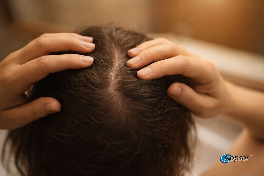 Person examining their scalp with a blurred background