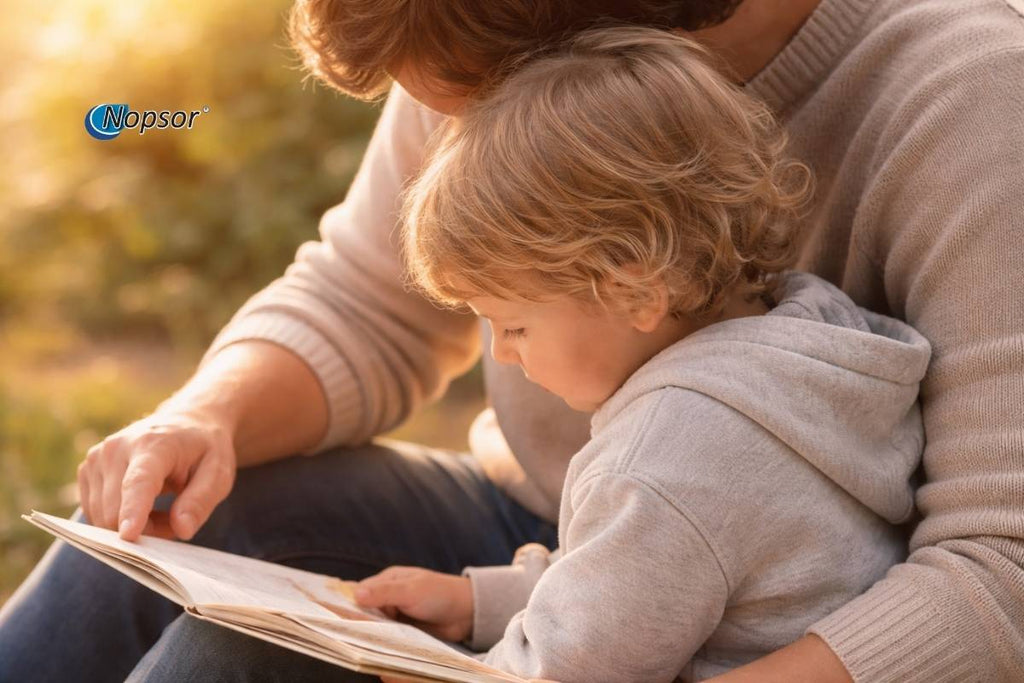 Person reading a book to a child outdoors with a blurred natural background