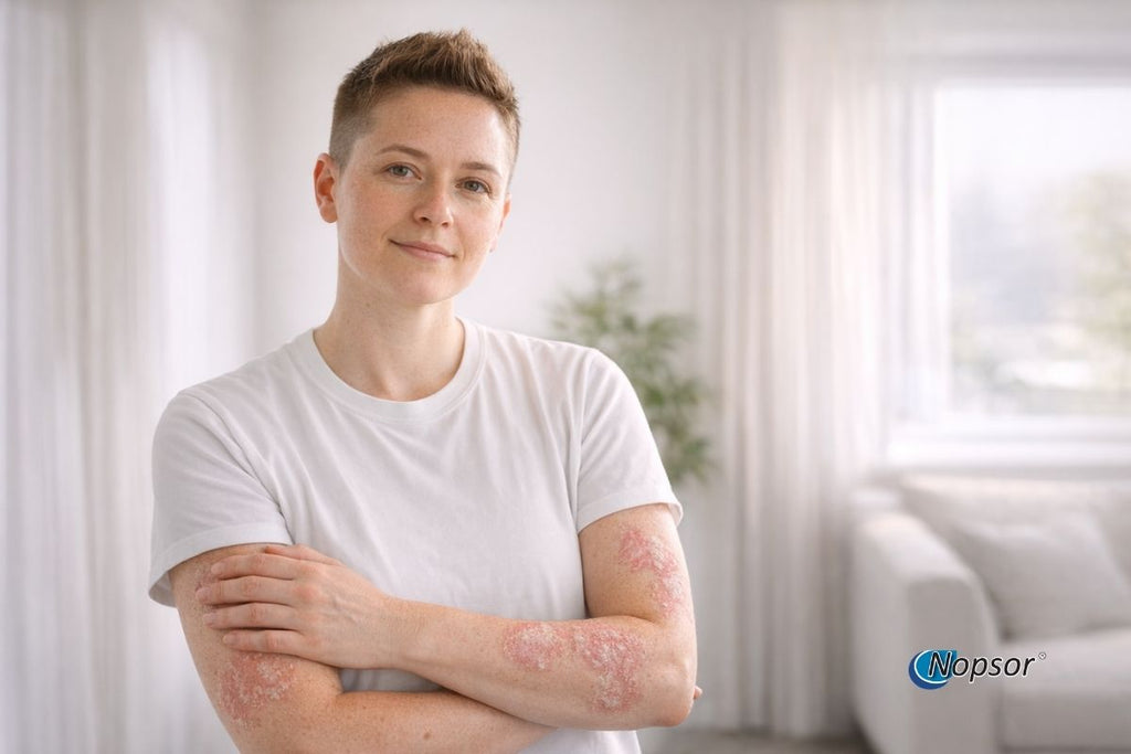 Person with visible skin condition standing indoors with a neutral 