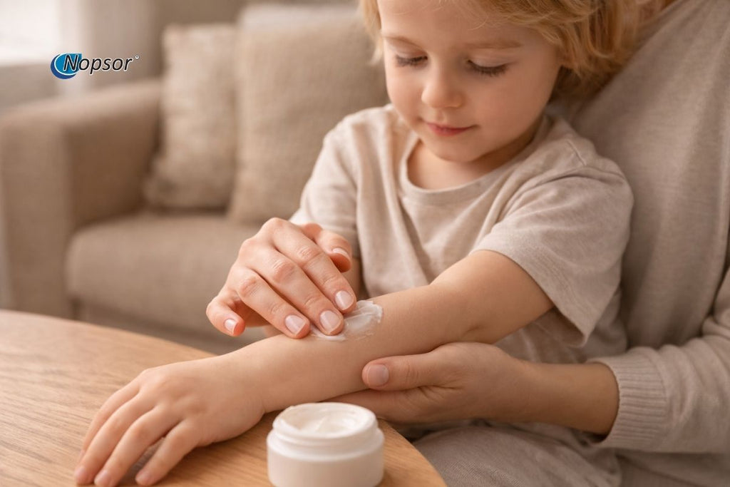 Child applying cream to an adult's hand with a Nopsor product in the background