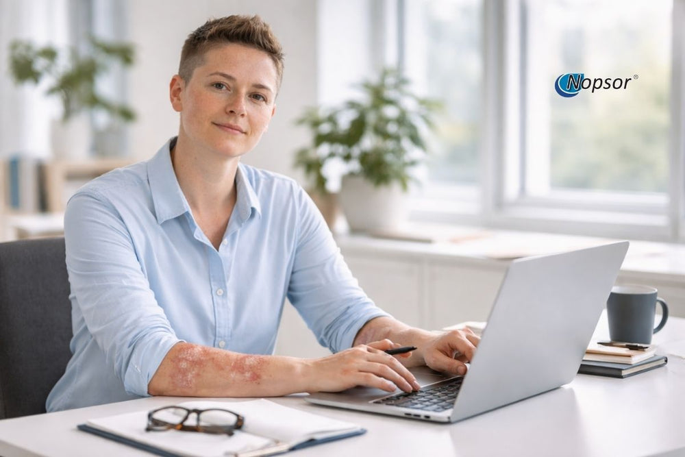 Person working on a laptop at a desk with a blurred office background