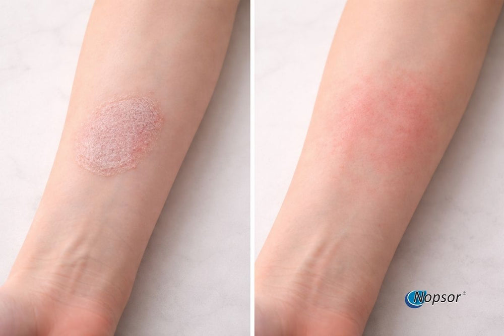 Comparison of skin with and without a rash on a light background, featuring the Nopsor brand.