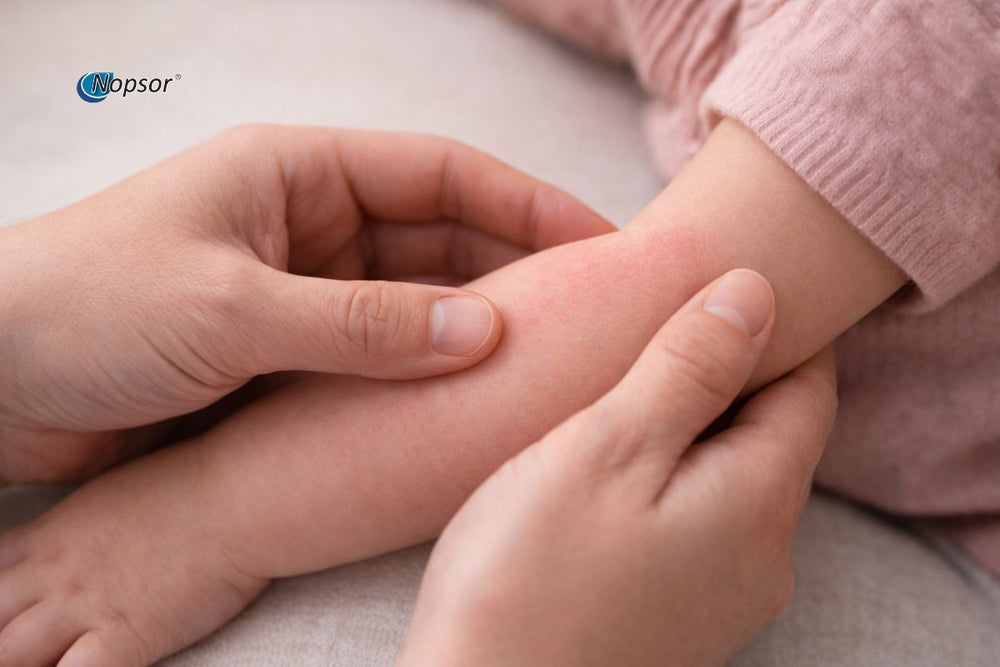 Close-up of a child's hand being held by an adult's hand, with a focus on care and support.