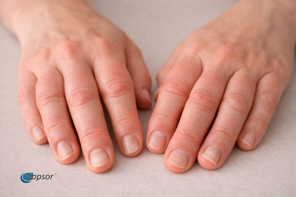 Two hands with visible skin texture on a neutral background