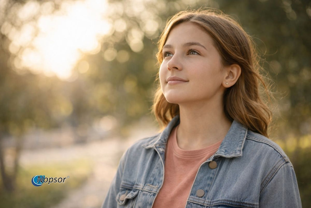 Woman in a denim jacket standing outdoors with a blurred natural background