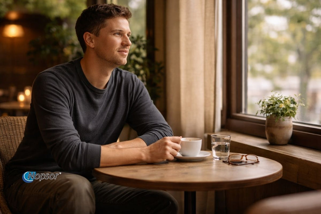 Man sitting at a table in a cozy cafe holding a cup.