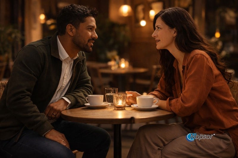 Two people sitting at a table in a cozy café, engaged in conversation.