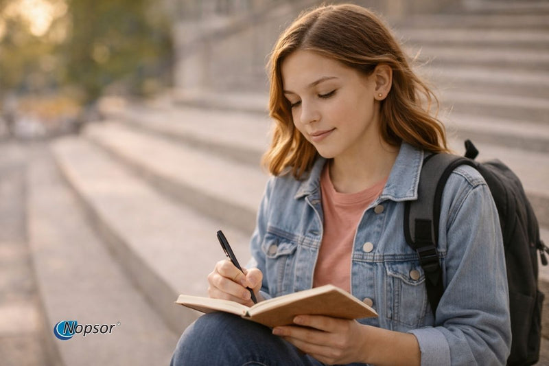 Young woman sitting on steps outdoors, writing in a notebook with a blurred background