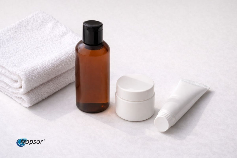 Skincare products including a brown bottle, white containers, and a tube on a white towel.