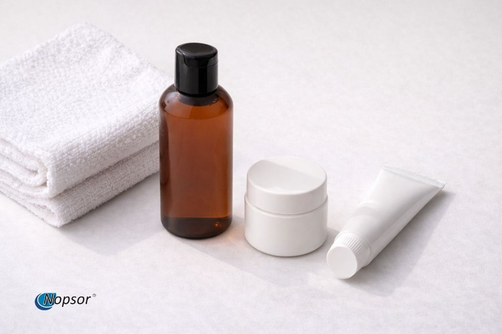 Skincare products including a brown bottle, white containers, and a tube on a white towel.