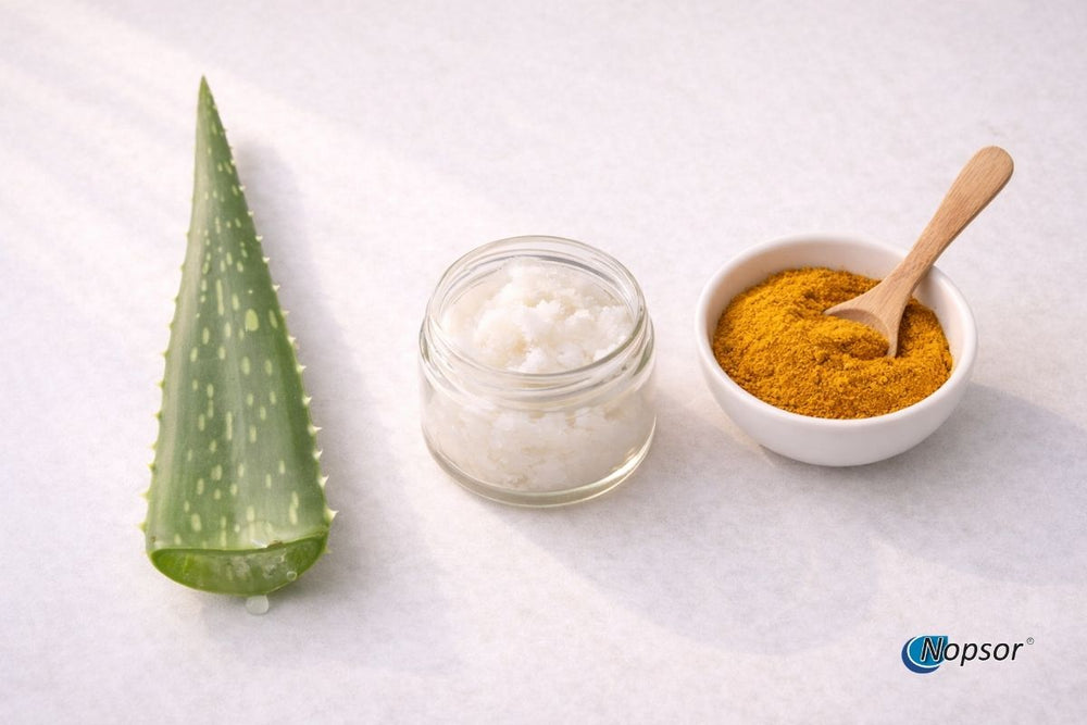 Aloe vera leaf, jar of cream, bowl with powder, and wooden spoon on a light background.