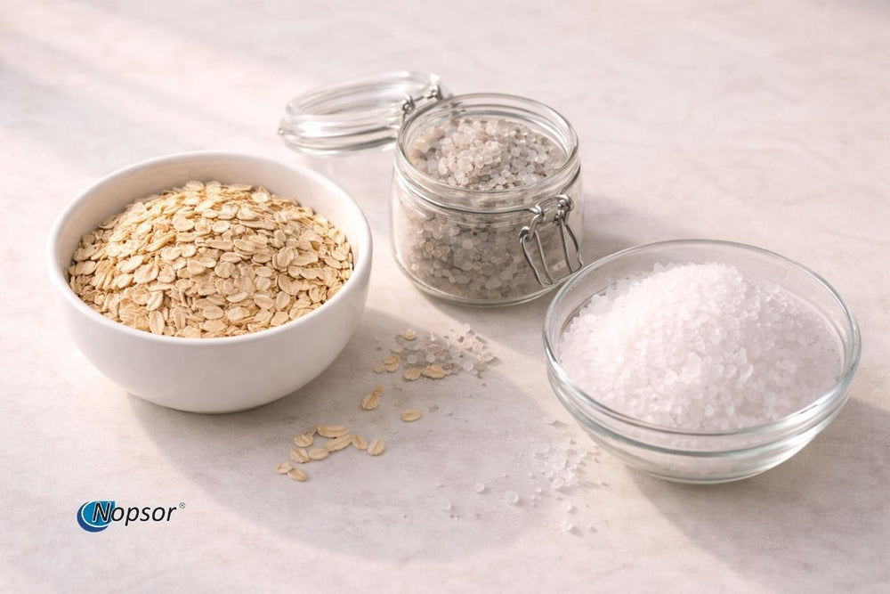 Three glass containers with oats, chia seeds, and salt on a light background