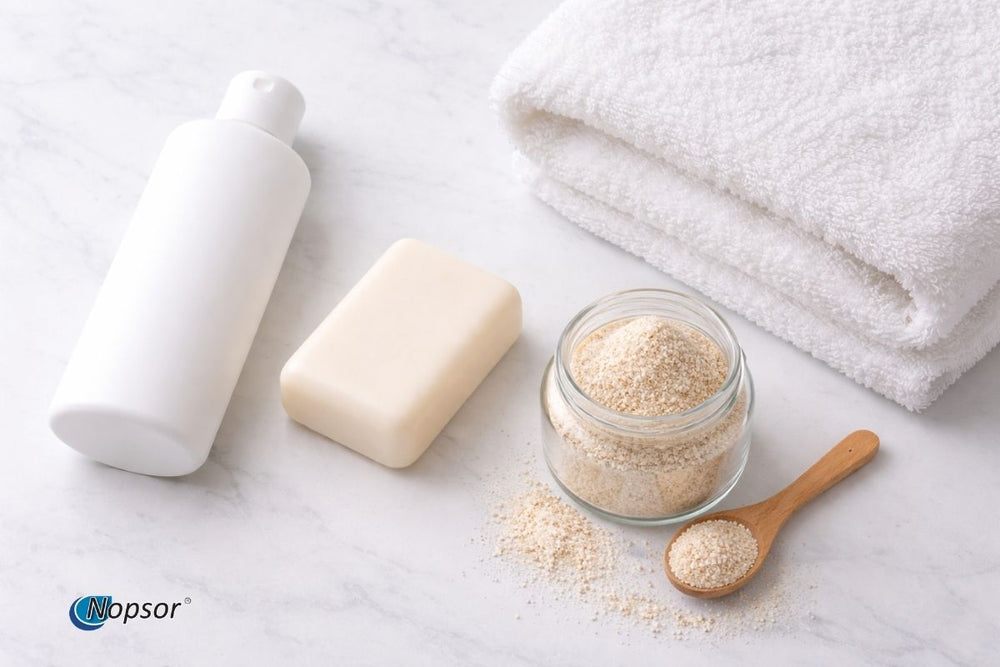 White bottle, bar of soap, jar of powder, and wooden spoon with powder on a light surface.