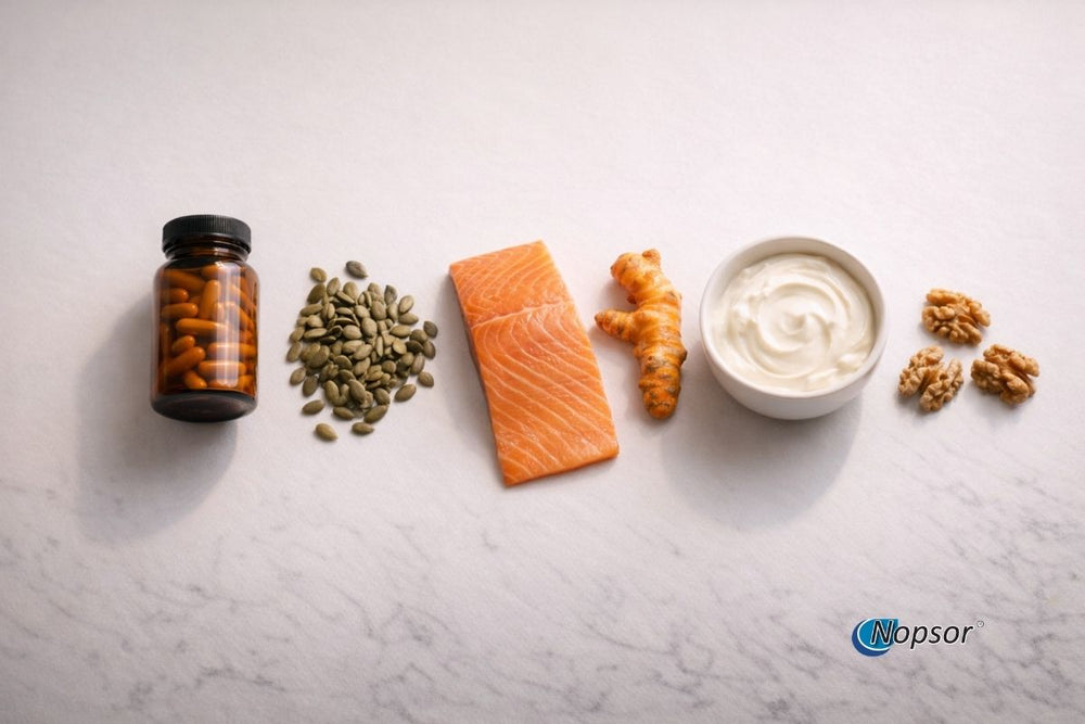 Supplement bottle, salmon, turmeric, nuts, and yogurt on a light gray background with 'Nopsor' branding.